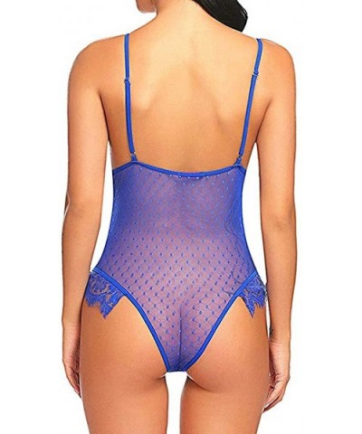 Lace Lingerie for Women One Piece V-Neck Sling Perspective Fishnet Teddy Bodysuit Mesh Babydoll Jumpsuit - Blue - CE192S6NMIY...