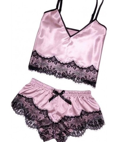 Women's Sexy Nightwear Satin Sling Lingerie Pajama Sleepwear Lace Bowknot Nightdress Underwear Nightgown - Pink - C318Q407LOE...