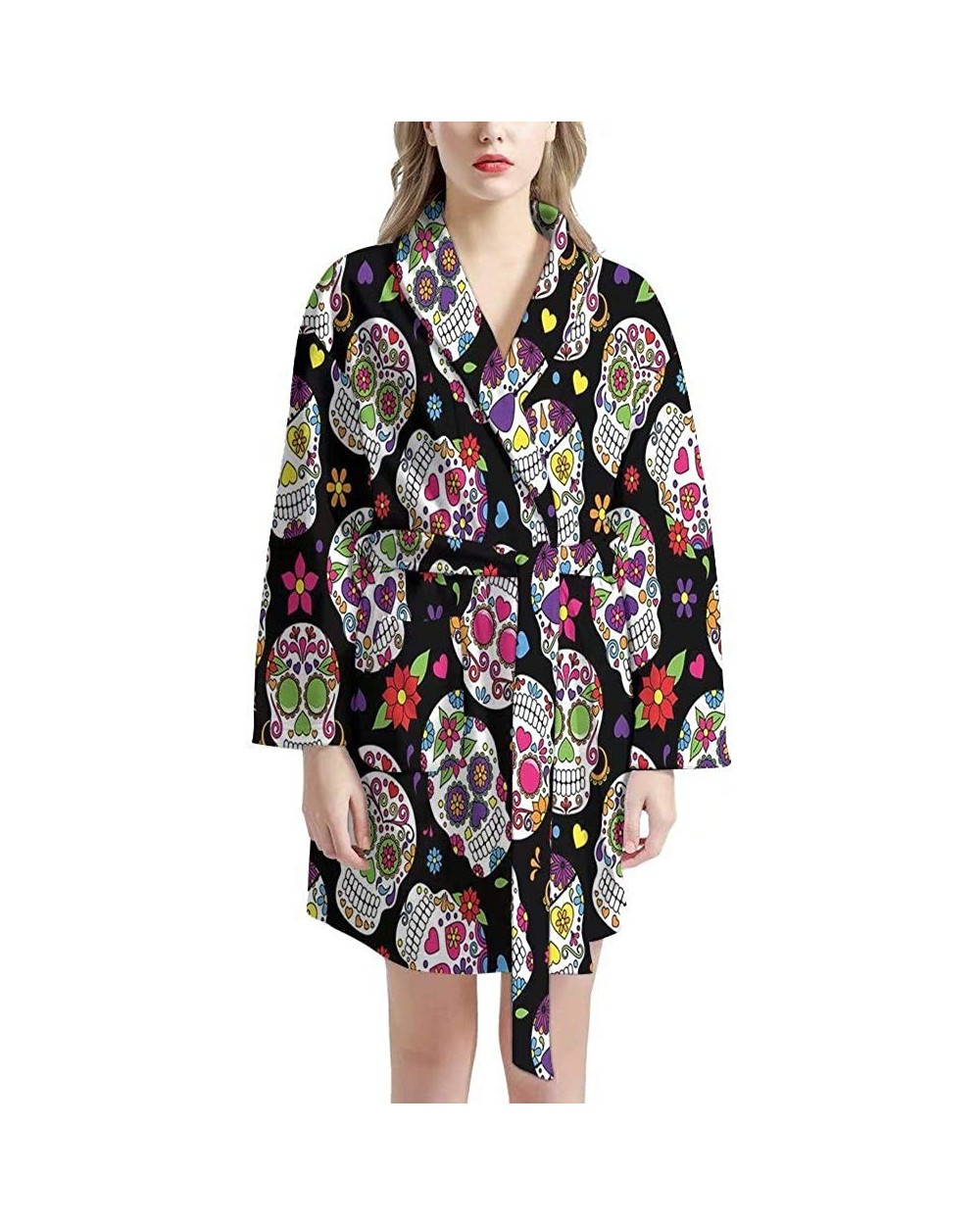 Women Bathrobe Short Kimono Robe Knee Length Soft Sleepwear with Front Pockets - Skull Floral - CX1976LKTWK $75.46 Robes