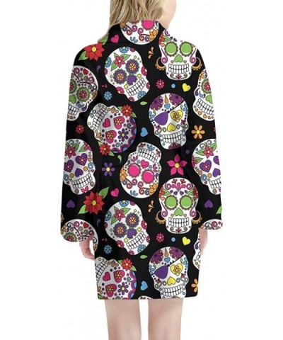 Women Bathrobe Short Kimono Robe Knee Length Soft Sleepwear with Front Pockets - Skull Floral - CX1976LKTWK $75.46 Robes