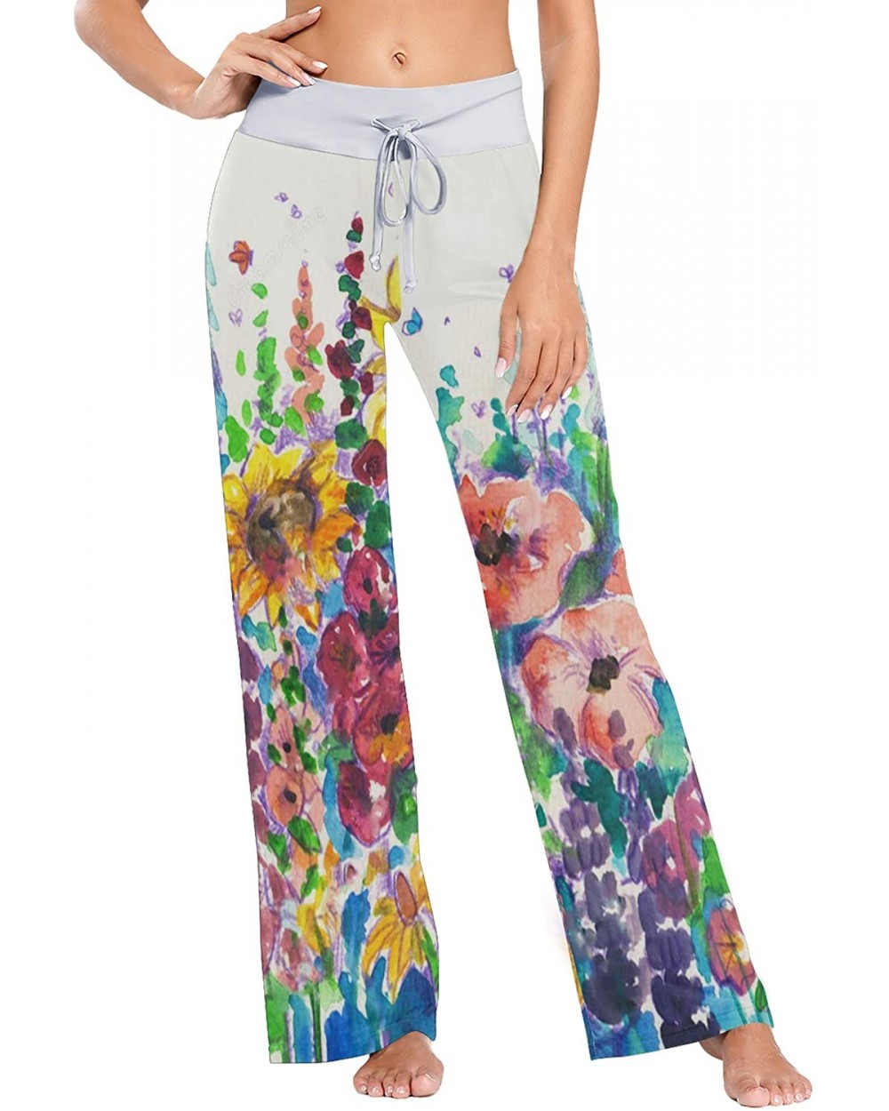 Women's Pajama Pants-Watercolor Sunflowers Drawstring Sleepwear Pants Lounge Yoga Pants Wide Leg Pants for All Seasons - Blac...