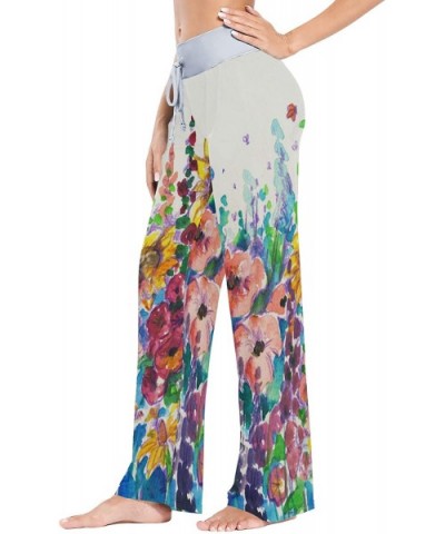 Women's Pajama Pants-Watercolor Sunflowers Drawstring Sleepwear Pants Lounge Yoga Pants Wide Leg Pants for All Seasons - Blac...