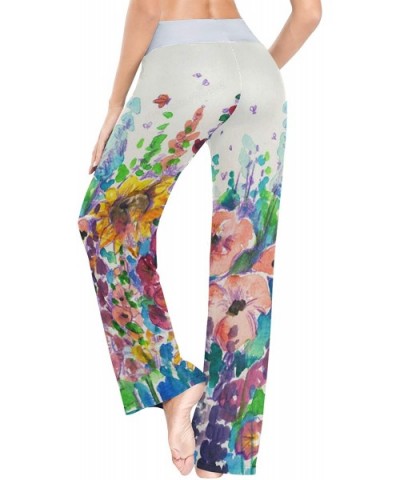 Women's Pajama Pants-Watercolor Sunflowers Drawstring Sleepwear Pants Lounge Yoga Pants Wide Leg Pants for All Seasons - Blac...