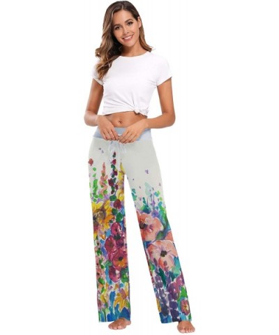 Women's Pajama Pants-Watercolor Sunflowers Drawstring Sleepwear Pants Lounge Yoga Pants Wide Leg Pants for All Seasons - Blac...