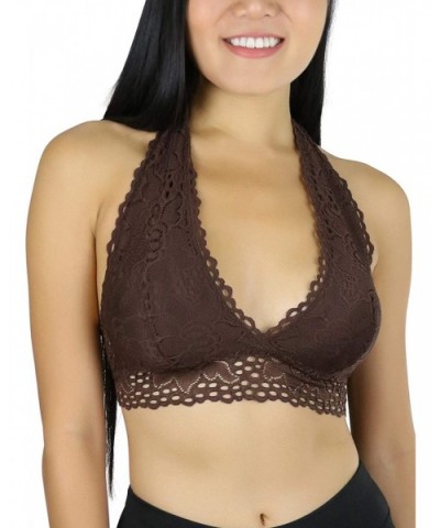 Women's Lined Lace Halter Stretch Bralette - Brown - CV18G3QTESE $28.49 Bras