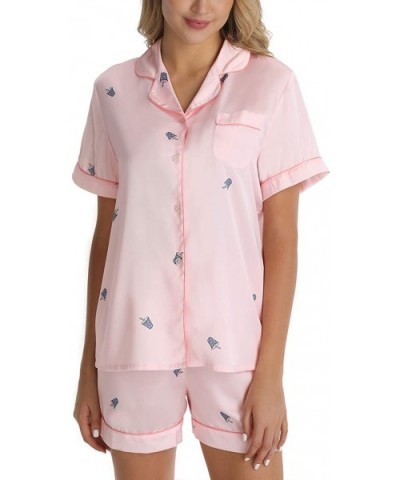 Women's Cute Drink Print Pajama Set Short Sleeve Satin Button Down V-Neck Sleepwear Loungwear - A-light Pink - C719482C0W4 $4...