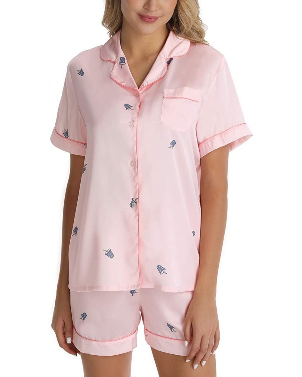 Women's Cute Drink Print Pajama Set Short Sleeve Satin Button Down V-Neck Sleepwear Loungwear - A-light Pink - C719482C0W4 $4...