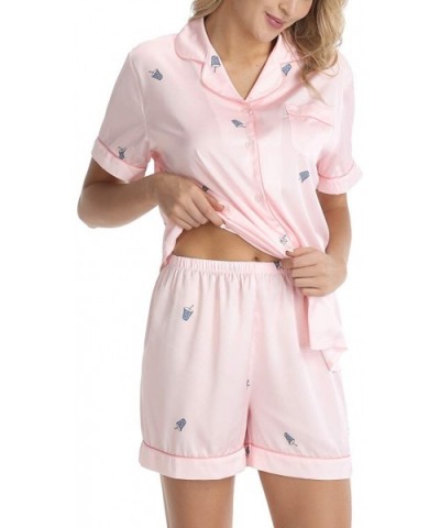 Women's Cute Drink Print Pajama Set Short Sleeve Satin Button Down V-Neck Sleepwear Loungwear - A-light Pink - C719482C0W4 $4...