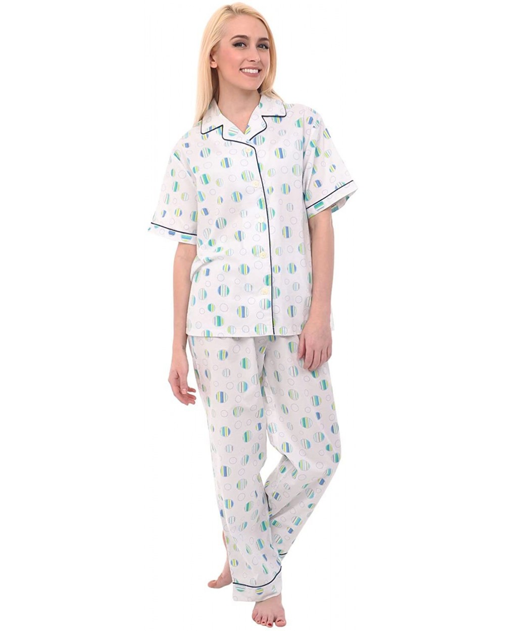 Women's Lightweight Button Down Pajama Set- Short Sleeved Polka Dot Cotton Pjs - Blue Striped Polka Dots - CV12LV2HC71 $40.00...