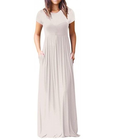 Women's Casual Short Sleeve Loose Plain Maxi Dresses Evening Elegant Plaid Empire Waist Long Dresses with Pockets - White - C...