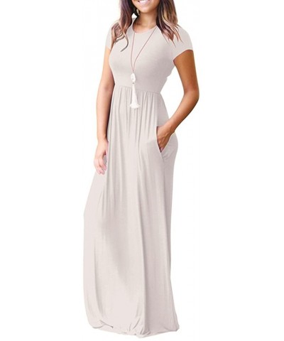 Women's Casual Short Sleeve Loose Plain Maxi Dresses Evening Elegant Plaid Empire Waist Long Dresses with Pockets - White - C...