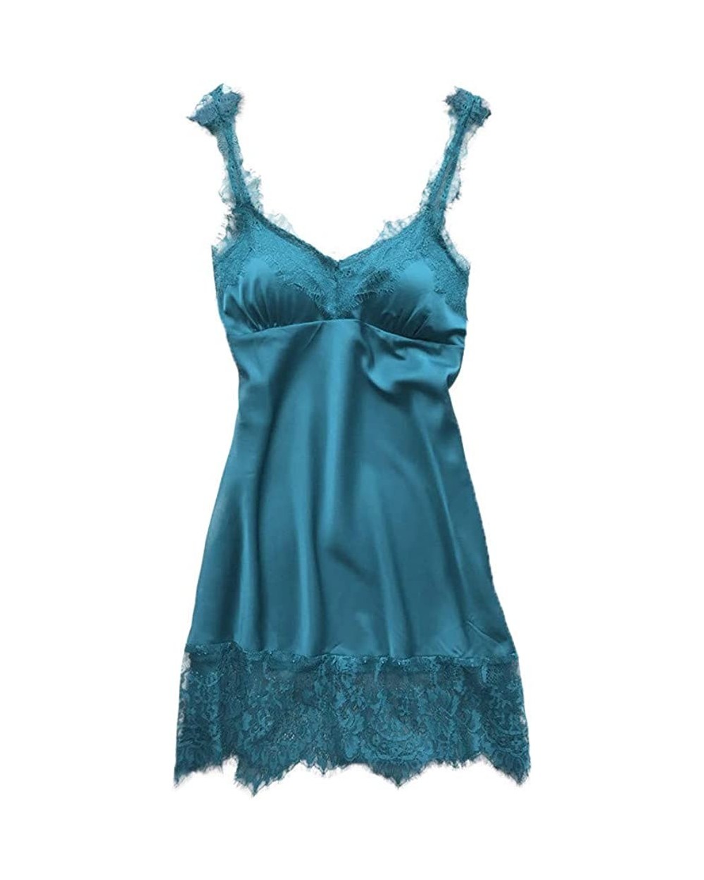 Femme Lace Teddy Sling Nightdress Lingerie Sexy Deep V One Piece Sleepwear Underwear with Chest Pad Pajama - Blue - CO194682W...