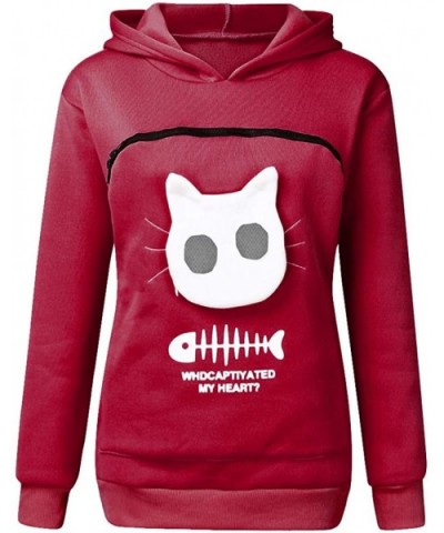 Women's Sweatshirt Animal Pouch Hood Tops Carry Cat Breathable Pullover Blouse Loose Plus Size Hoodies - Wine - CM1932KSOHE $...