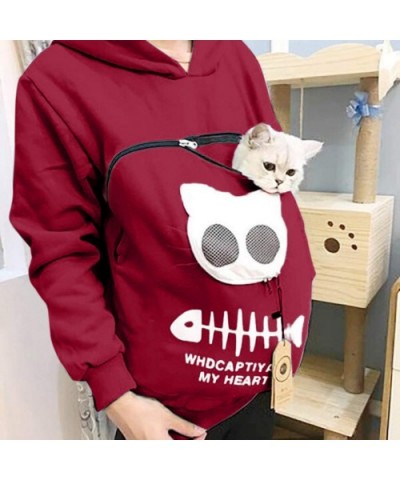 Women's Sweatshirt Animal Pouch Hood Tops Carry Cat Breathable Pullover Blouse Loose Plus Size Hoodies - Wine - CM1932KSOHE $...