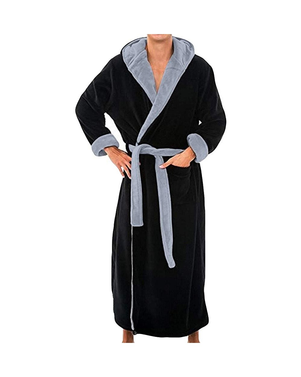 Men's Hooded Robe - Plush Shawl Kimono Bathrobe for Men Shawl Collar Fleece Bathrobe Spa Robe - Black - CS192IELRMY $41.60 Robes