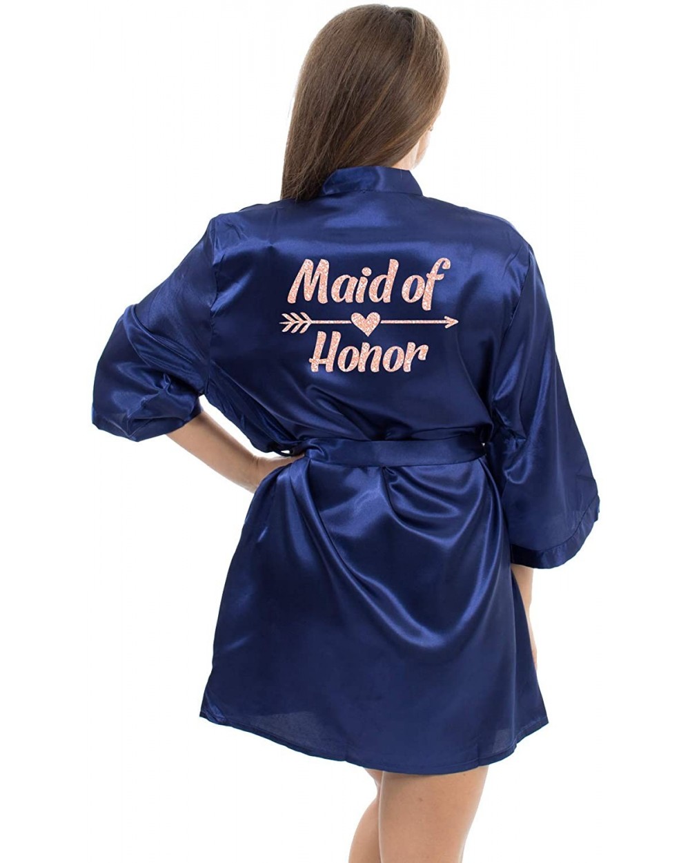 Satin Robe for Bride Bridesmaid Party with Rose-Gold Glitter - Navy_blue-maid_of_honor - CL190T2NS9H $37.90 Robes