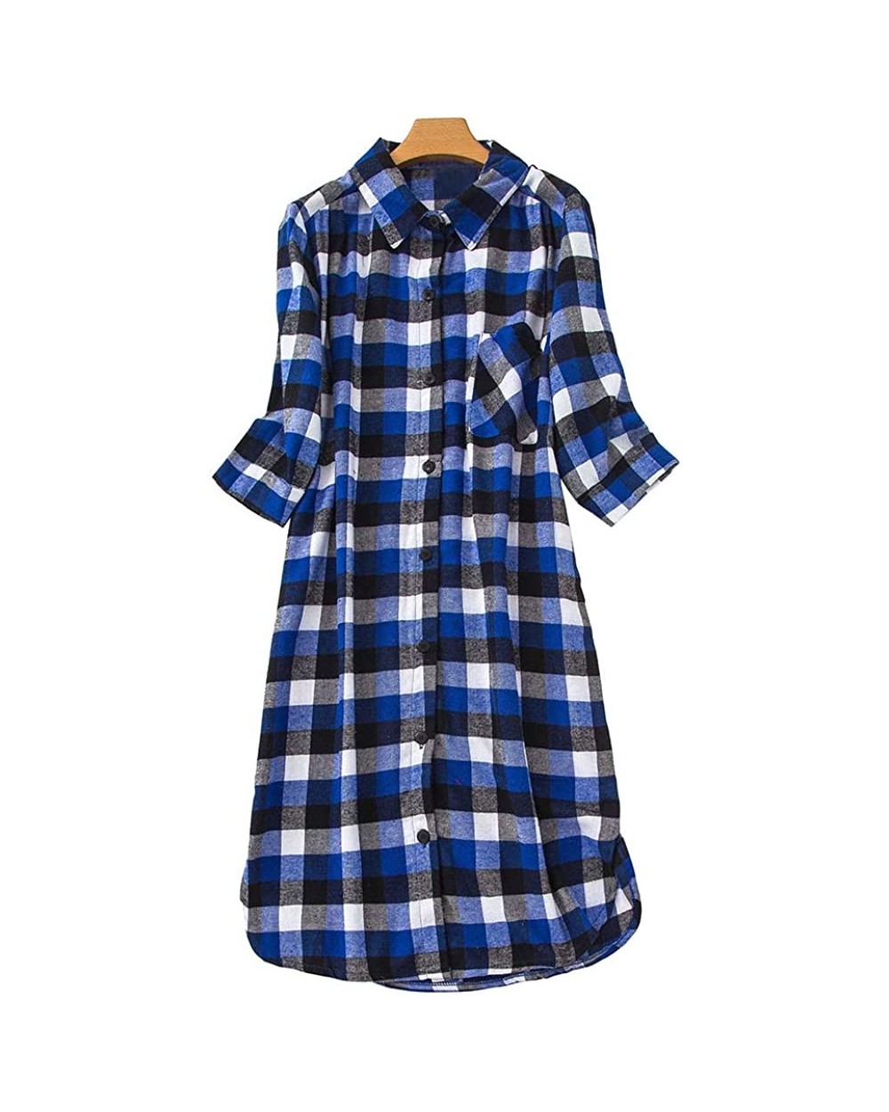 Women Cotton Flannel Knee-Length Nightgowns 3/4 Sleeve Plaid Sleep Dress Plus Size Night Shirt(S-5X) - Blue 495 - CL18RG6GWHC...