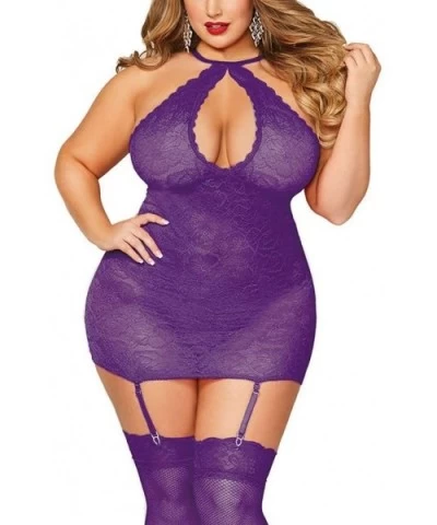 Women Sexy Halter Plus Size Lace Lingerie Keyhole Babydoll Chemise with Garters - Purple - CE199UU29SY $13.70 Baby Dolls & Ch...