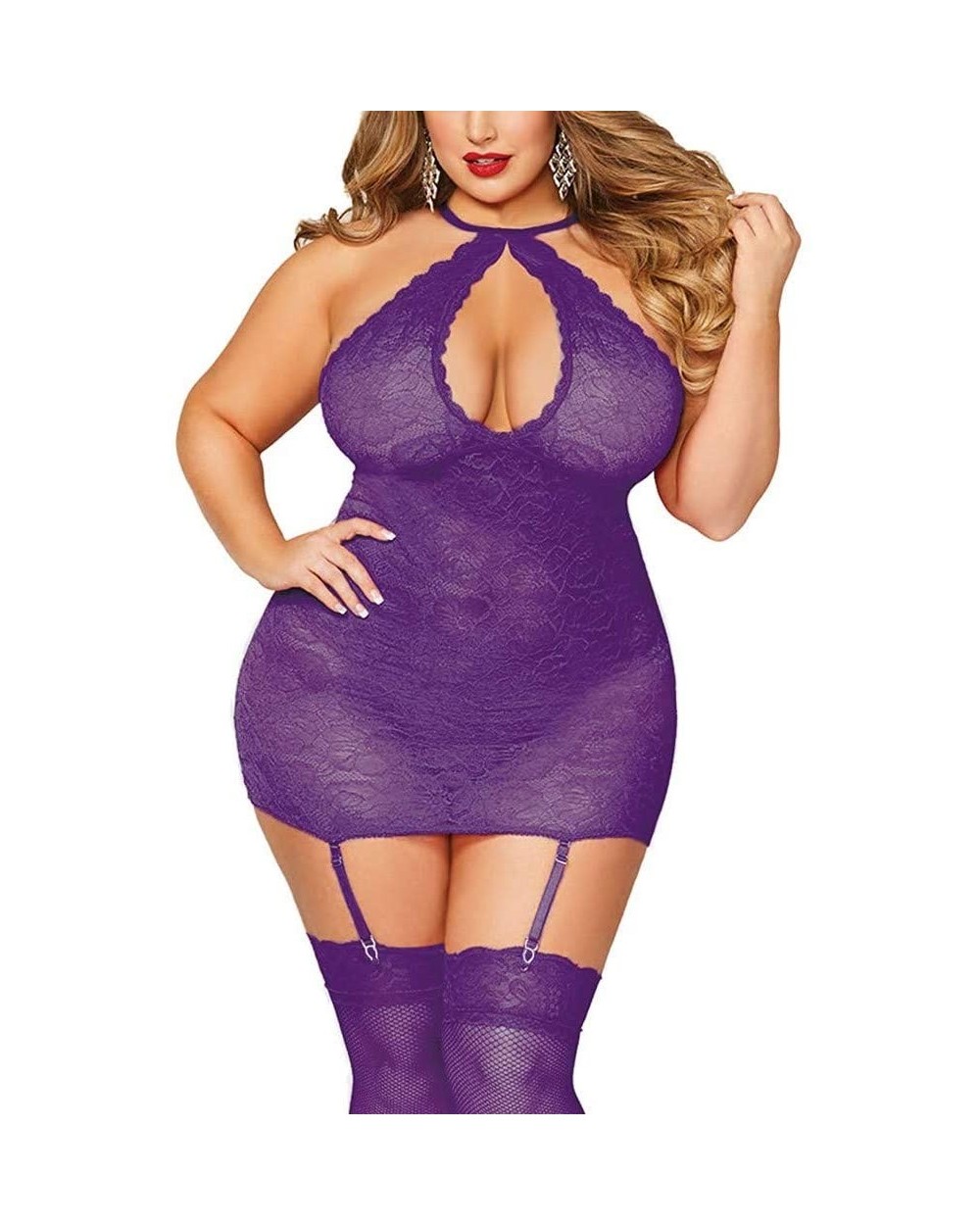 Women Sexy Halter Plus Size Lace Lingerie Keyhole Babydoll Chemise with Garters - Purple - CE199UU29SY $13.70 Baby Dolls & Ch...