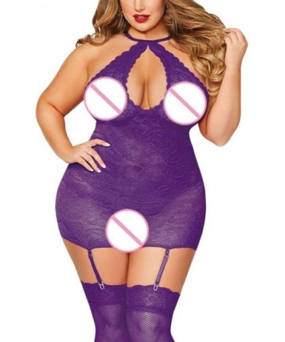 Women Sexy Halter Plus Size Lace Lingerie Keyhole Babydoll Chemise with Garters - Purple - CE199UU29SY $13.70 Baby Dolls & Ch...