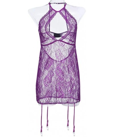 Women Sexy Halter Plus Size Lace Lingerie Keyhole Babydoll Chemise with Garters - Purple - CE199UU29SY $13.70 Baby Dolls & Ch...