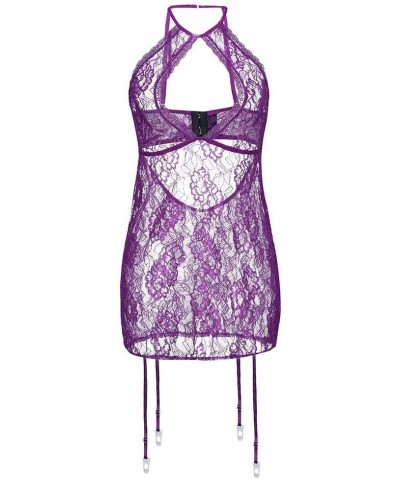 Women Sexy Halter Plus Size Lace Lingerie Keyhole Babydoll Chemise with Garters - Purple - CE199UU29SY $13.70 Baby Dolls & Ch...