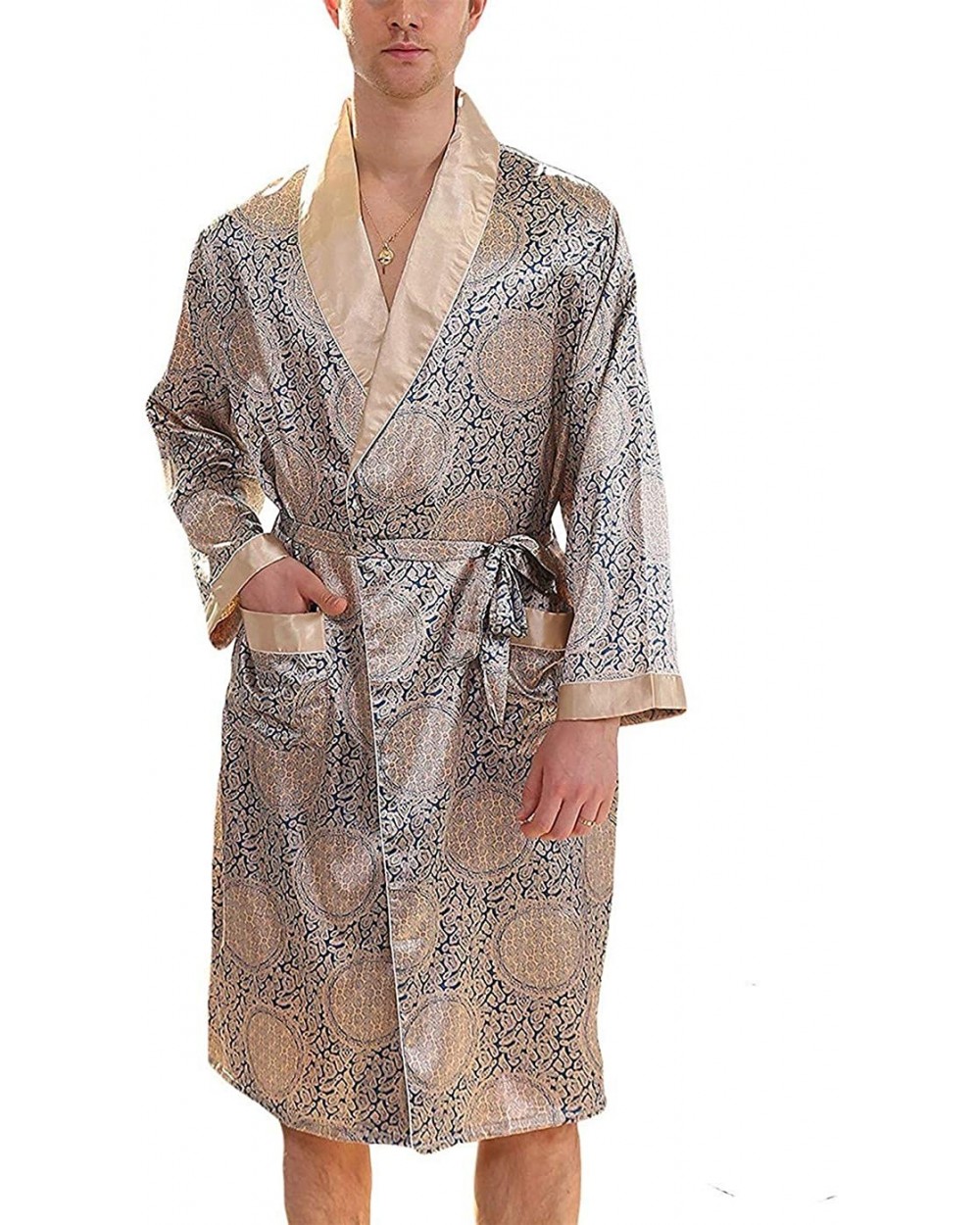 Mens Satin Robe Lightweight Silk Spa Bathrobe Nightgown Long Sleeve House Kimono Printed Bathrobe - Blue Gold - C918I783IL0 $...