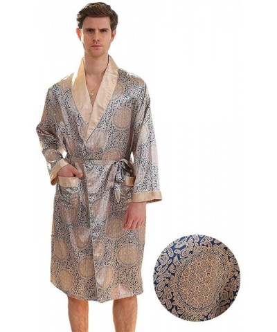 Mens Satin Robe Lightweight Silk Spa Bathrobe Nightgown Long Sleeve House Kimono Printed Bathrobe - Blue Gold - C918I783IL0 $...