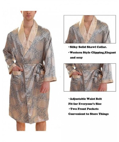 Mens Satin Robe Lightweight Silk Spa Bathrobe Nightgown Long Sleeve House Kimono Printed Bathrobe - Blue Gold - C918I783IL0 $...