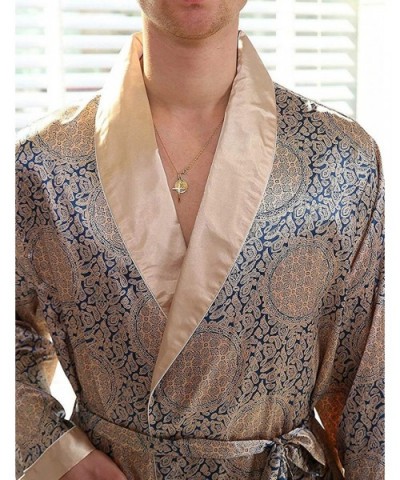 Mens Satin Robe Lightweight Silk Spa Bathrobe Nightgown Long Sleeve House Kimono Printed Bathrobe - Blue Gold - C918I783IL0 $...