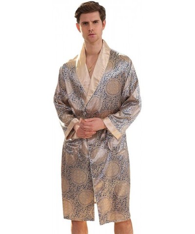 Mens Satin Robe Lightweight Silk Spa Bathrobe Nightgown Long Sleeve House Kimono Printed Bathrobe - Blue Gold - C918I783IL0 $...