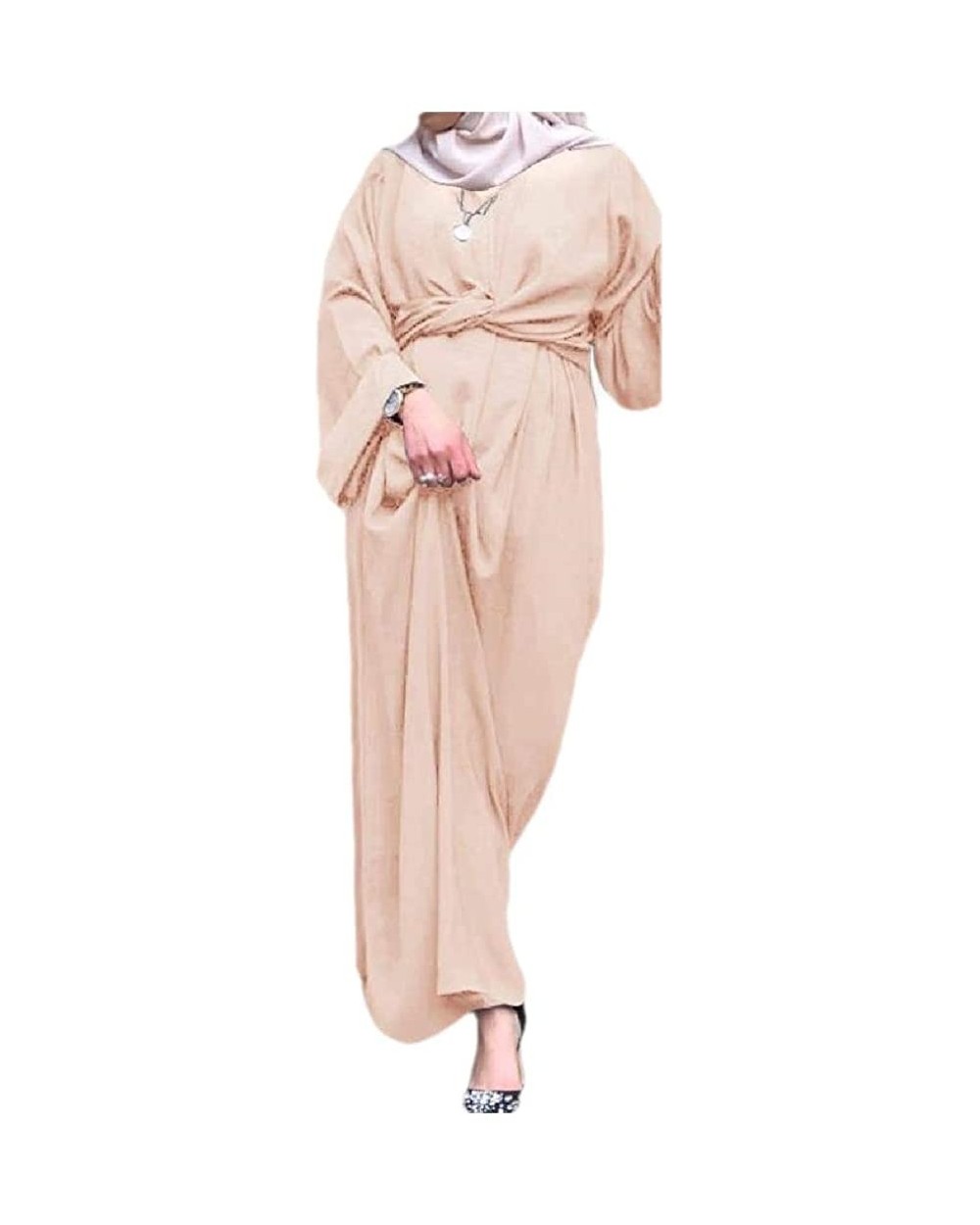 Women's Islamic Solid-Colored Dubai Muslim Arab Kaftans with Belt - Apricot - CL1908CNCE8 $60.31 Robes