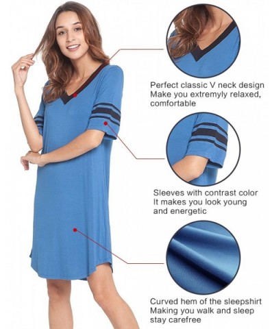 Womens Bamboo Soft Short Sleeve Nightgowns V Neck Sleep Shirts Comfy Nightwear Plus Size Sleepwear S 4X B prussian Blue - CY1...