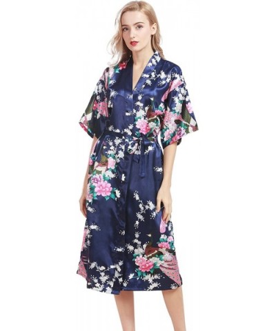 Women's Silky Stretch Floral Peacock Kimono Sleepwear Robe - Navy1 - CZ18D87ENM6 $20.73 Robes