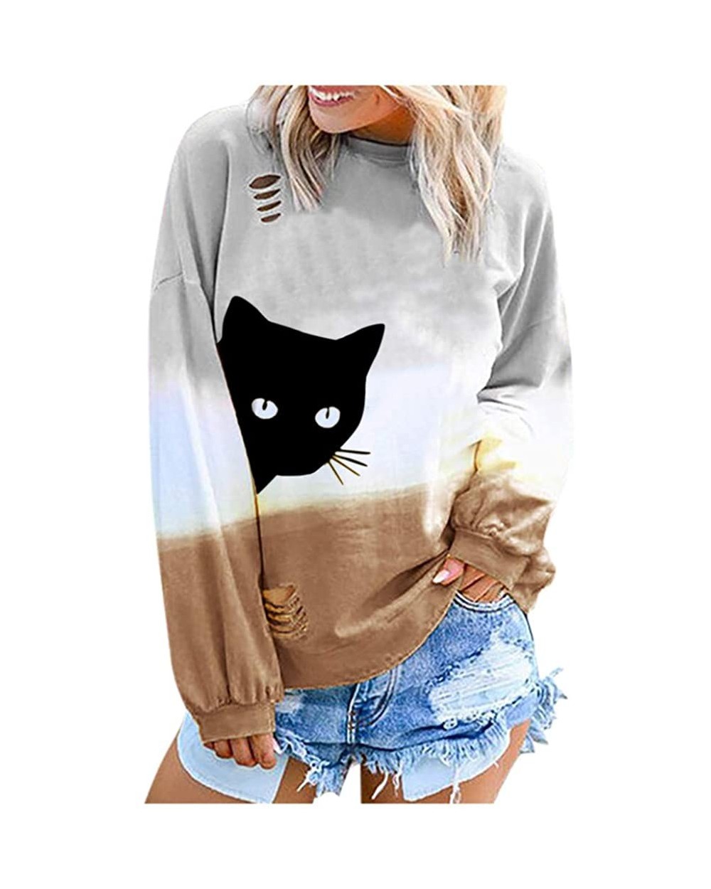 Women's Long Sleeve Shirts Contrast Color Tye Dye Sweatshirt Casual Loose Print Pullover Tops Blouse - Cat_khaki - CS193E8EE9...