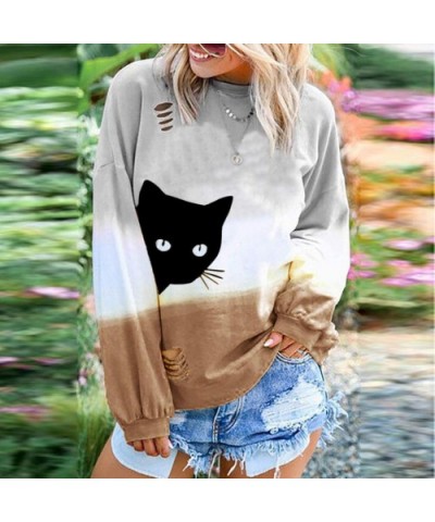 Women's Long Sleeve Shirts Contrast Color Tye Dye Sweatshirt Casual Loose Print Pullover Tops Blouse - Cat_khaki - CS193E8EE9...