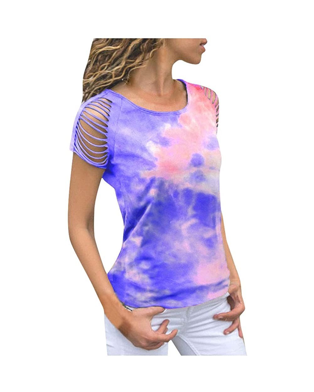 Women Casual Blouse Fashion Loose Tie-dye Print Hollow Out Short Sleeve T-Shirt Top - Blue - CX19D5ITTM2 $27.55 Thermal Under...