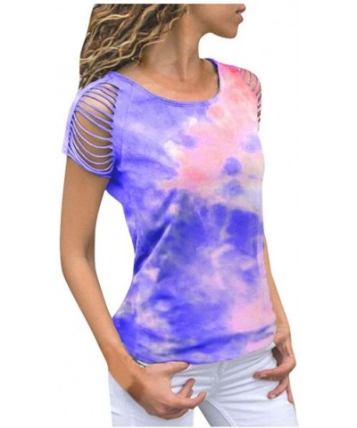 Women Casual Blouse Fashion Loose Tie-dye Print Hollow Out Short Sleeve T-Shirt Top - Blue - CX19D5ITTM2 $27.55 Thermal Under...