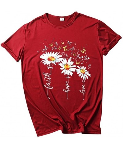 Plus Size Women Tops Short Sleeve T Shirts Casual Tee Shirts Cute Graphic Tunic Sunflower Print O Neck Loose Blouse Red - CL1...