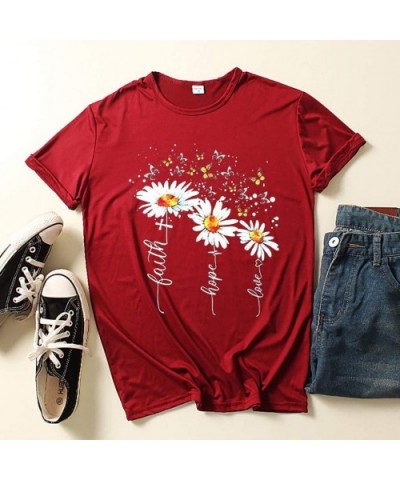 Plus Size Women Tops Short Sleeve T Shirts Casual Tee Shirts Cute Graphic Tunic Sunflower Print O Neck Loose Blouse Red - CL1...