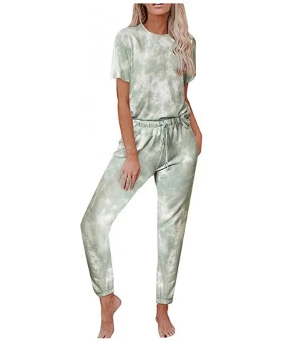 Women's Tie-Dye Print Long Sleeve Tops+Casual Pocket Drawstring Lace-Up Sweatpants 2 PCs Home Sleepwear - Green - CI190OM0UK0...