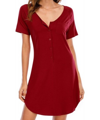 Women's Nightgowns Premium Comfy Soft Button Solid Color Loungewear Sleepwear Homewear - Red Wine - CJ190TYE8OY $29.52 Nightg...