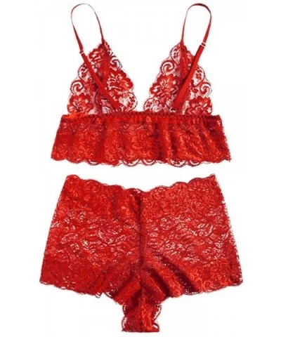 Women Plus Size Eyelash Lace Babydoll Sexy Bra Lingerie Set - Red - CW18NQ6GKO9 $13.03 Shapewear