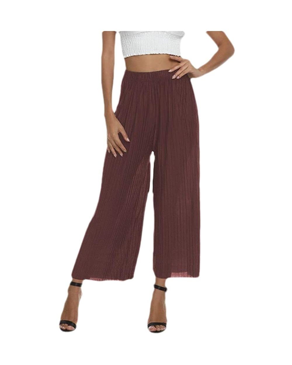 Women Pure Color Lounge Comfy Chic Mid Waist Palazzo Lounge Pant - Wine Red - C419C9H2TAQ $33.65 Bottoms