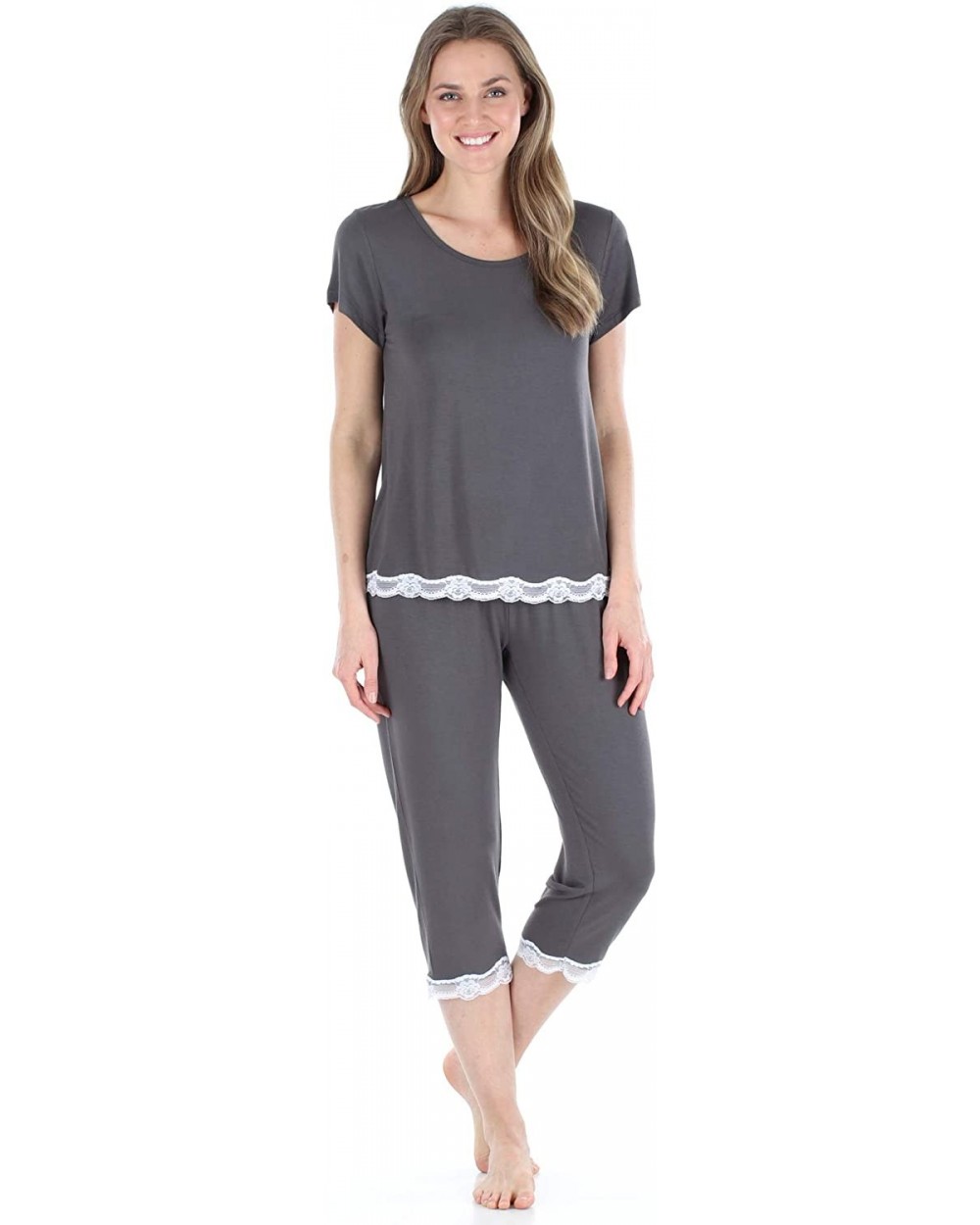 Women's Sleepwear Bamboo Short Sleeve Top and Capri Pajama Set - Grey With Lace - CF18L4369W9 $39.07 Sets