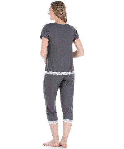 Women's Sleepwear Bamboo Short Sleeve Top and Capri Pajama Set - Grey With Lace - CF18L4369W9 $39.07 Sets