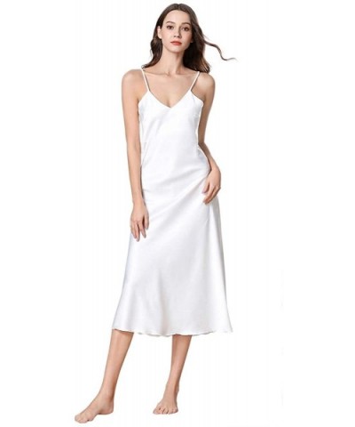 Satin Nightshirts Sexy Nightdress Spaghetti Strap Negligee Nightgown Chemise Slip with Deep V Neck - White - CX190U6H8DA $36....