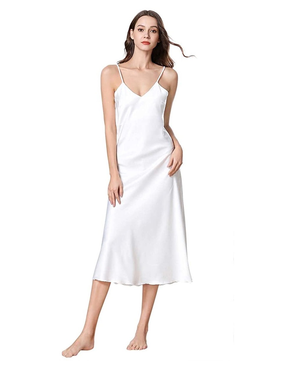 Satin Nightshirts Sexy Nightdress Spaghetti Strap Negligee Nightgown Chemise Slip with Deep V Neck - White - CX190U6H8DA $36....