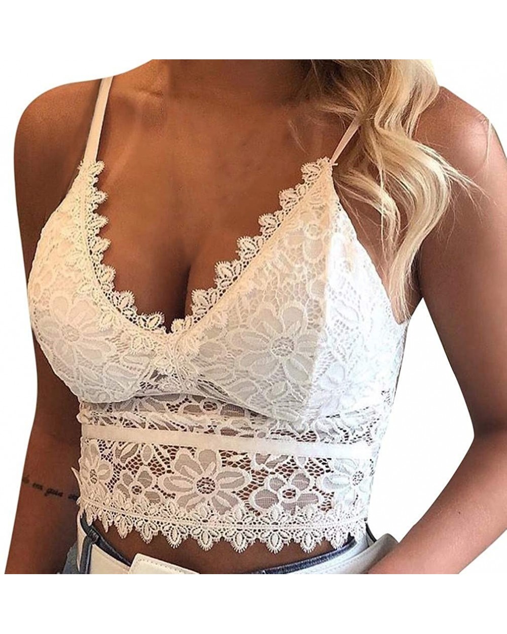 Wireless Bra Women's Plus Size Camisole Floral Lace Bralette Removable Padded Triangle Cup Bra Crop Top - White - CV196EA9A9D...