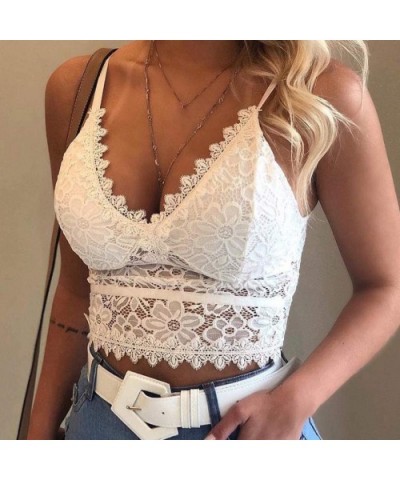 Wireless Bra Women's Plus Size Camisole Floral Lace Bralette Removable Padded Triangle Cup Bra Crop Top - White - CV196EA9A9D...